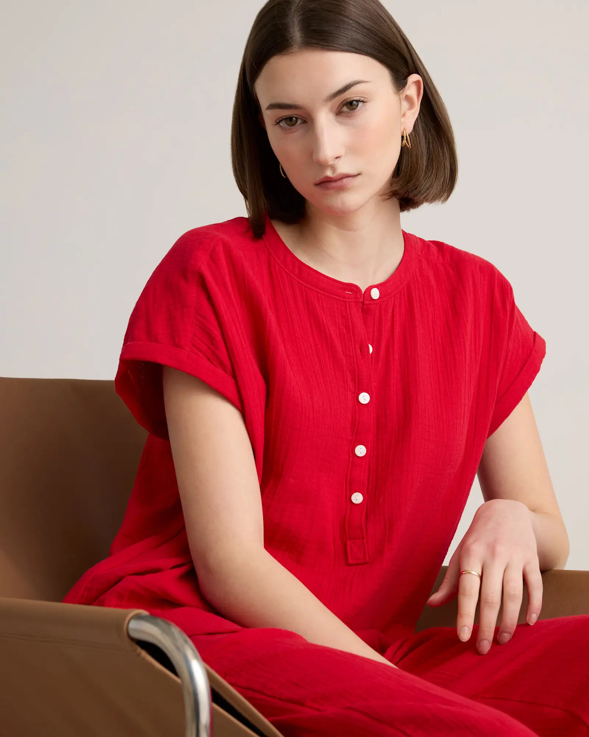 100% Organic Cotton Gauze Roll Sleeve Shirt - US 8484
