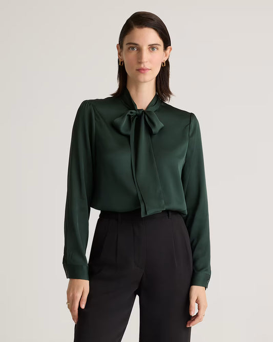 Washable Stretch Silk Tie Neck Blouse - US 9962