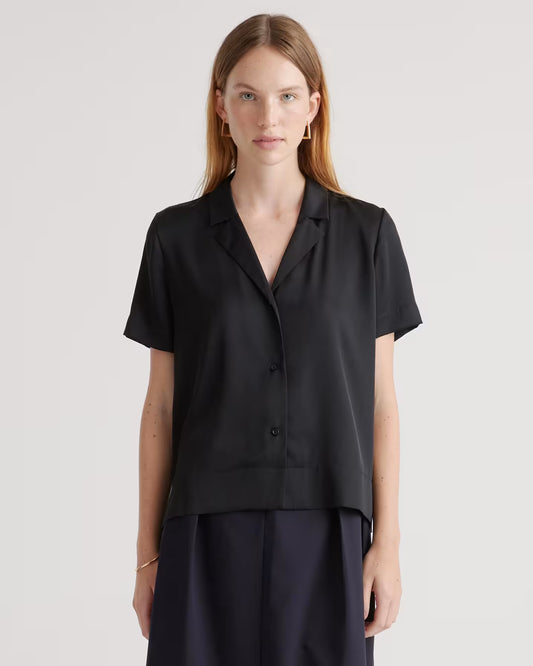 Washable Stretch Silk Short Sleeve Notch Collar Blouse - US 8061