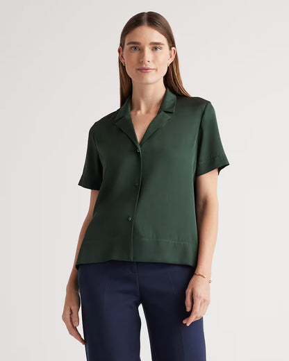 Washable Stretch Silk Short Sleeve Notch Collar Blouse - US 8708