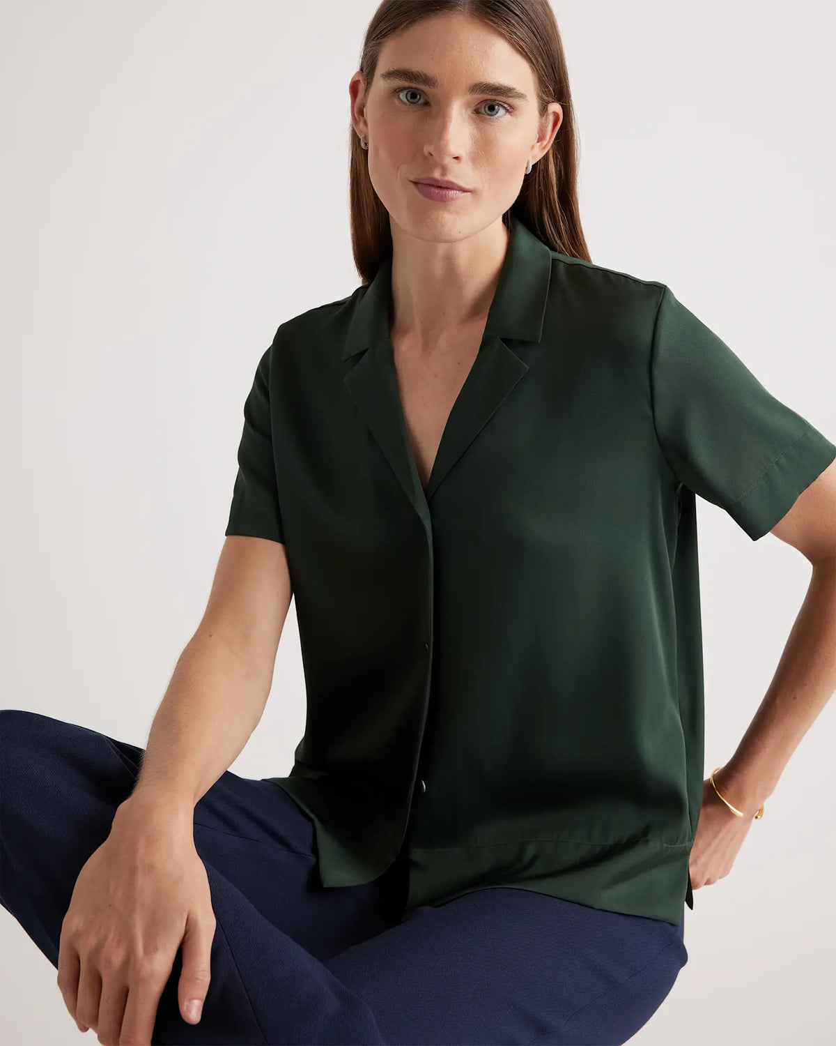 Washable Stretch Silk Short Sleeve Notch Collar Blouse - US 8708