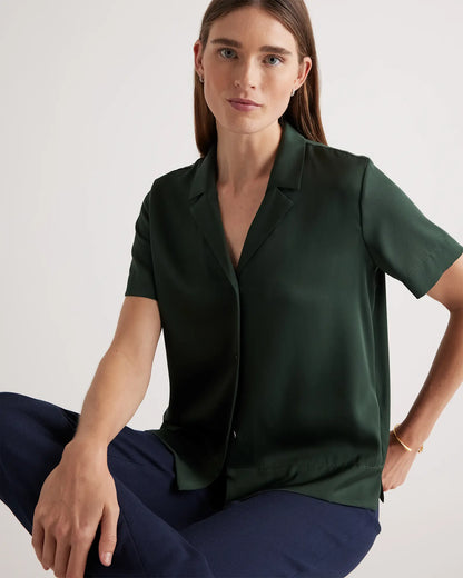 Washable Stretch Silk Short Sleeve Notch Collar Blouse - US 8708