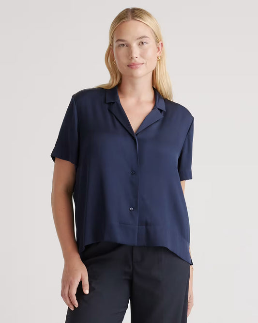 Washable Stretch Silk Short Sleeve Notch Collar Blouse - US 9629
