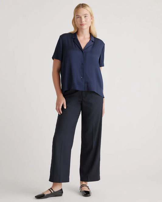 Washable Stretch Silk Short Sleeve Notch Collar Blouse - US 9629