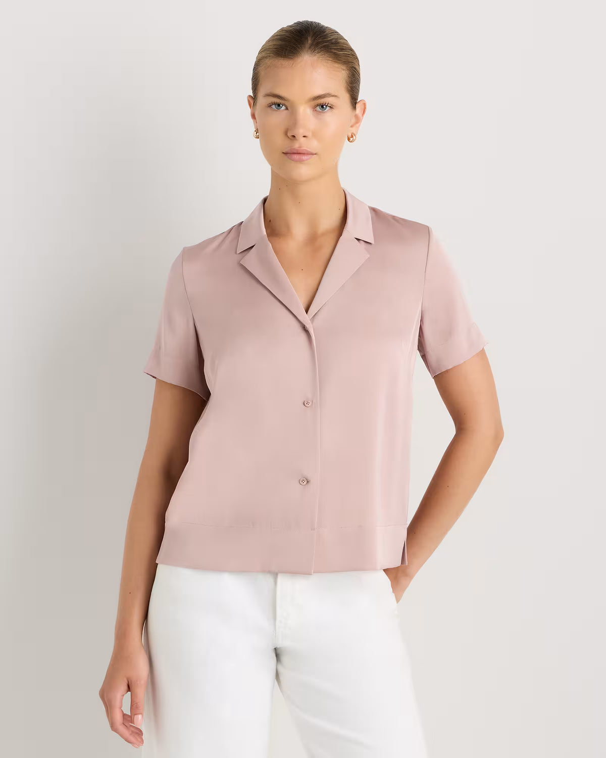 Washable Stretch Silk Short Sleeve Notch Collar Blouse - US 7508