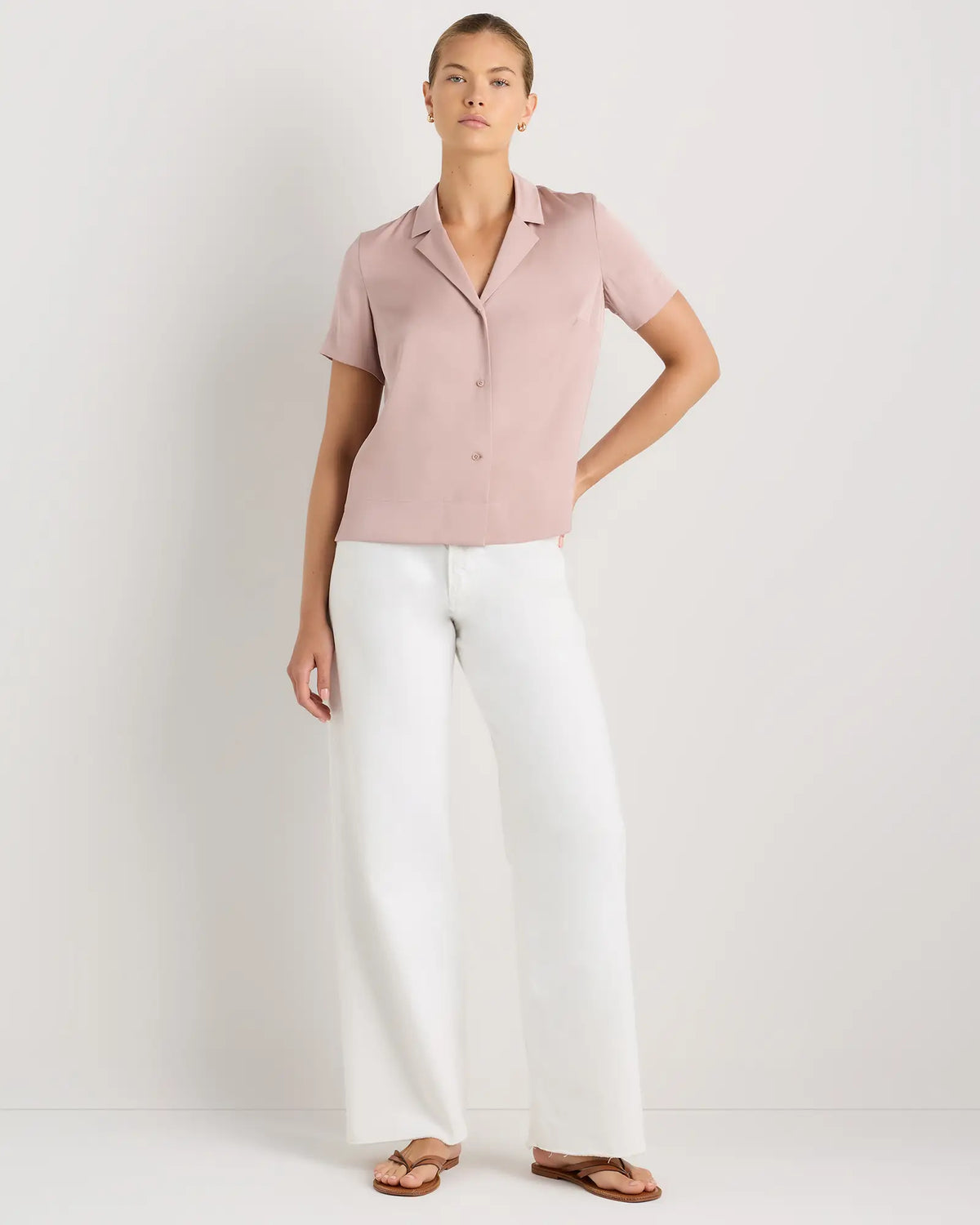 Washable Stretch Silk Short Sleeve Notch Collar Blouse - US 7508