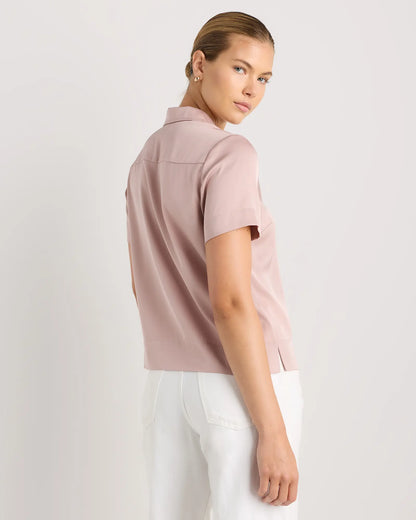 Washable Stretch Silk Short Sleeve Notch Collar Blouse - US 7508