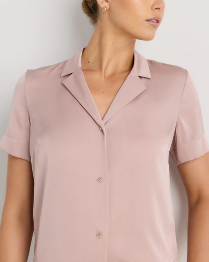 Washable Stretch Silk Short Sleeve Notch Collar Blouse - US 7508