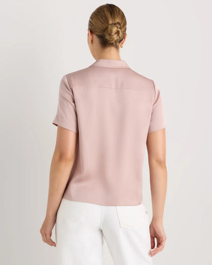 Washable Stretch Silk Short Sleeve Notch Collar Blouse - US 7508