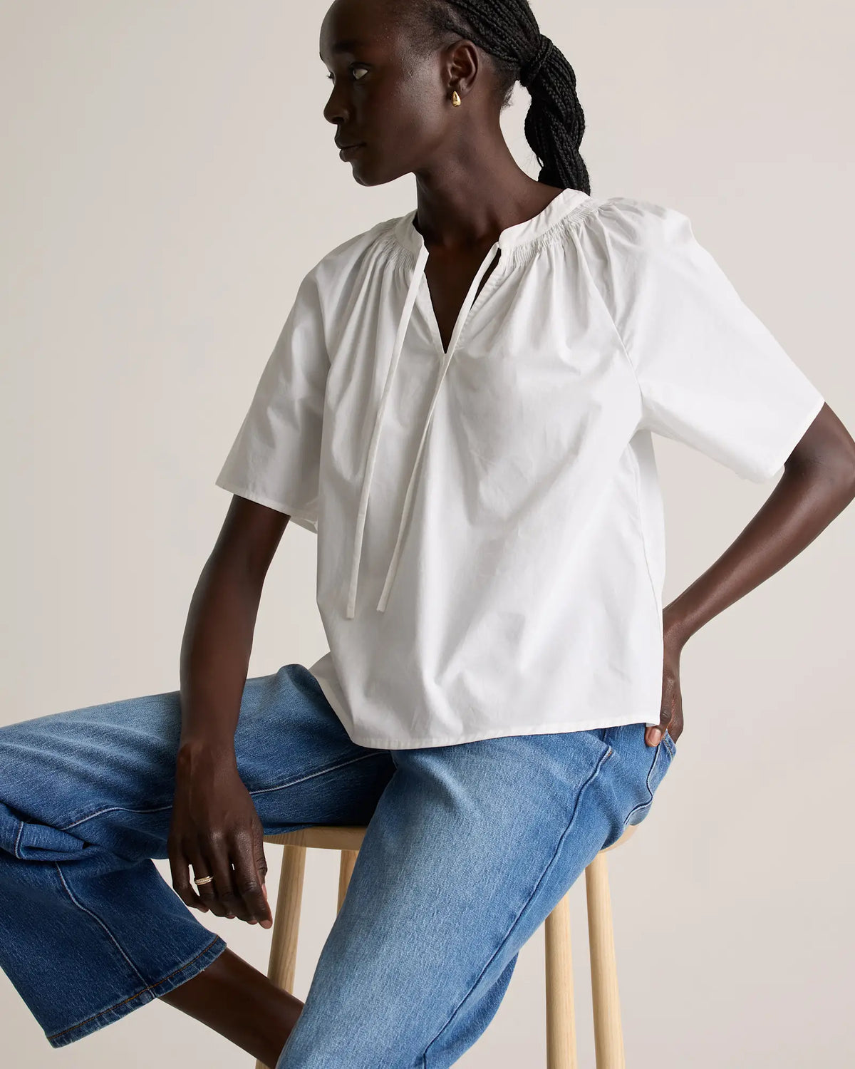 100% Organic Cotton Poplin Split Neck Top - US 7955