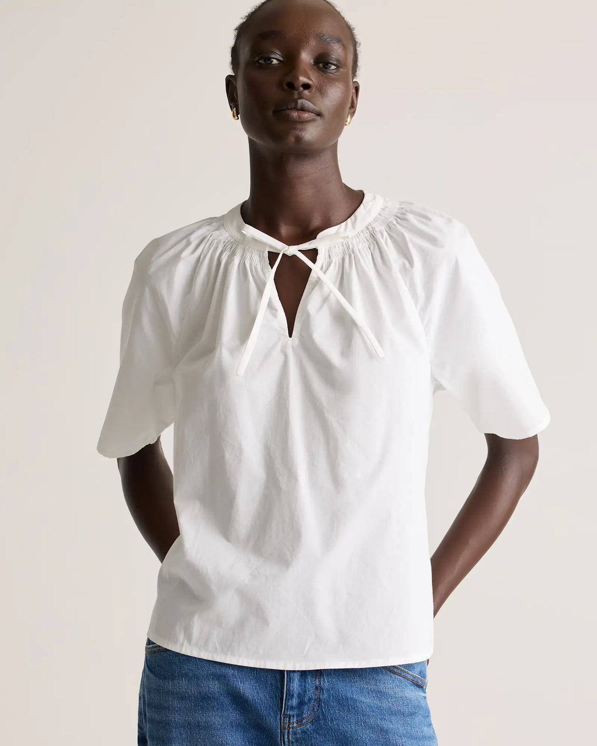 100% Organic Cotton Poplin Split Neck Top - US 7955