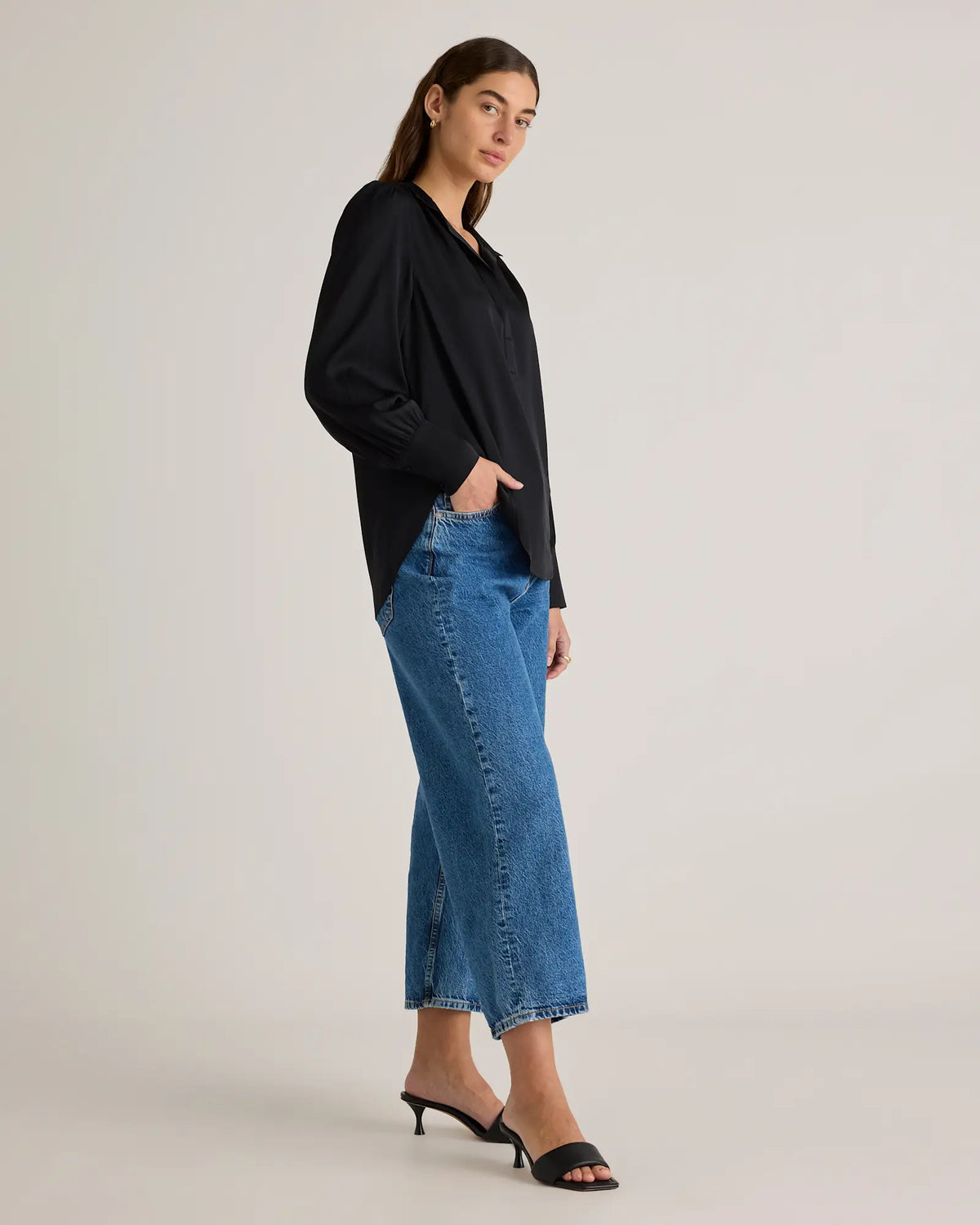 Washable Stretch Silk Split Neck Blouse - US 7573