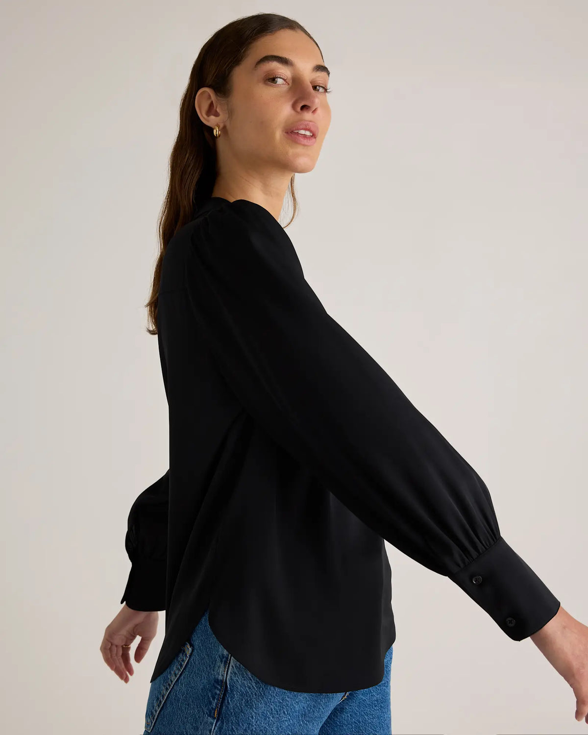 Washable Stretch Silk Split Neck Blouse - US 7573