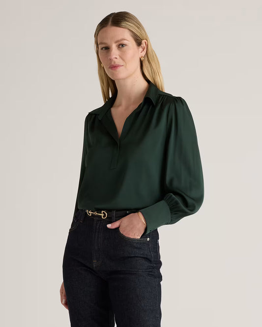 Washable Stretch Silk Split Neck Blouse - US 9924