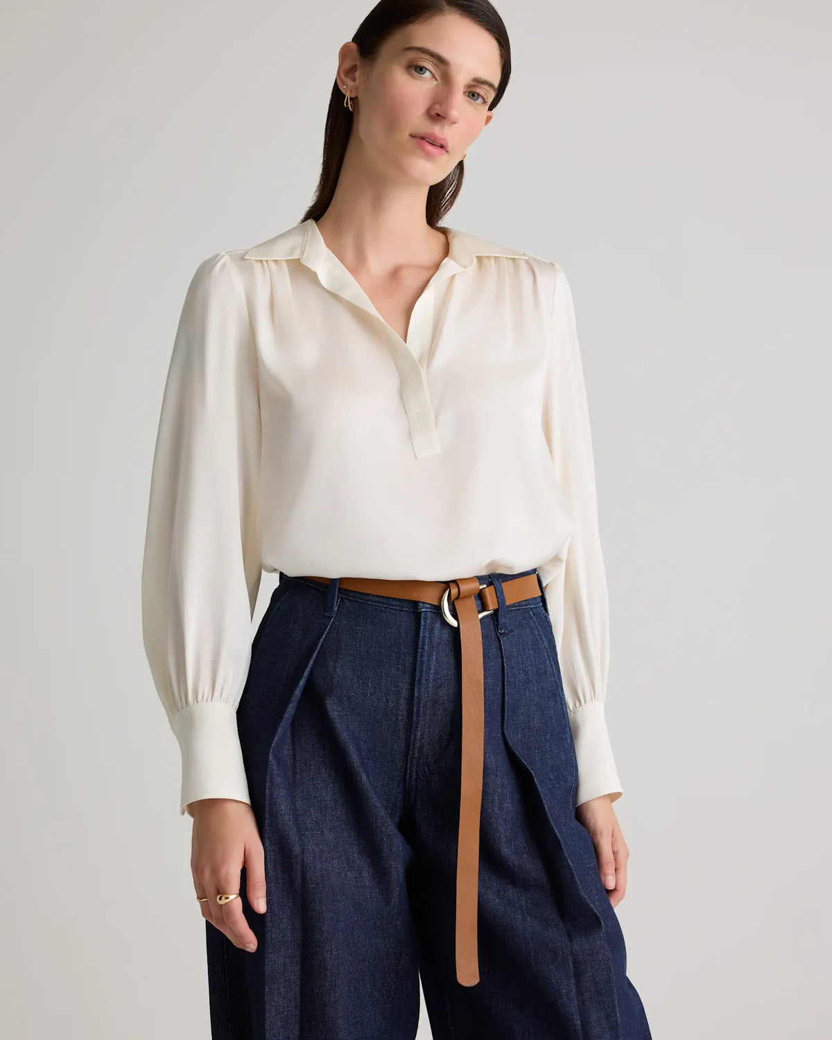 Washable Stretch Silk Split Neck Blouse - US 5520