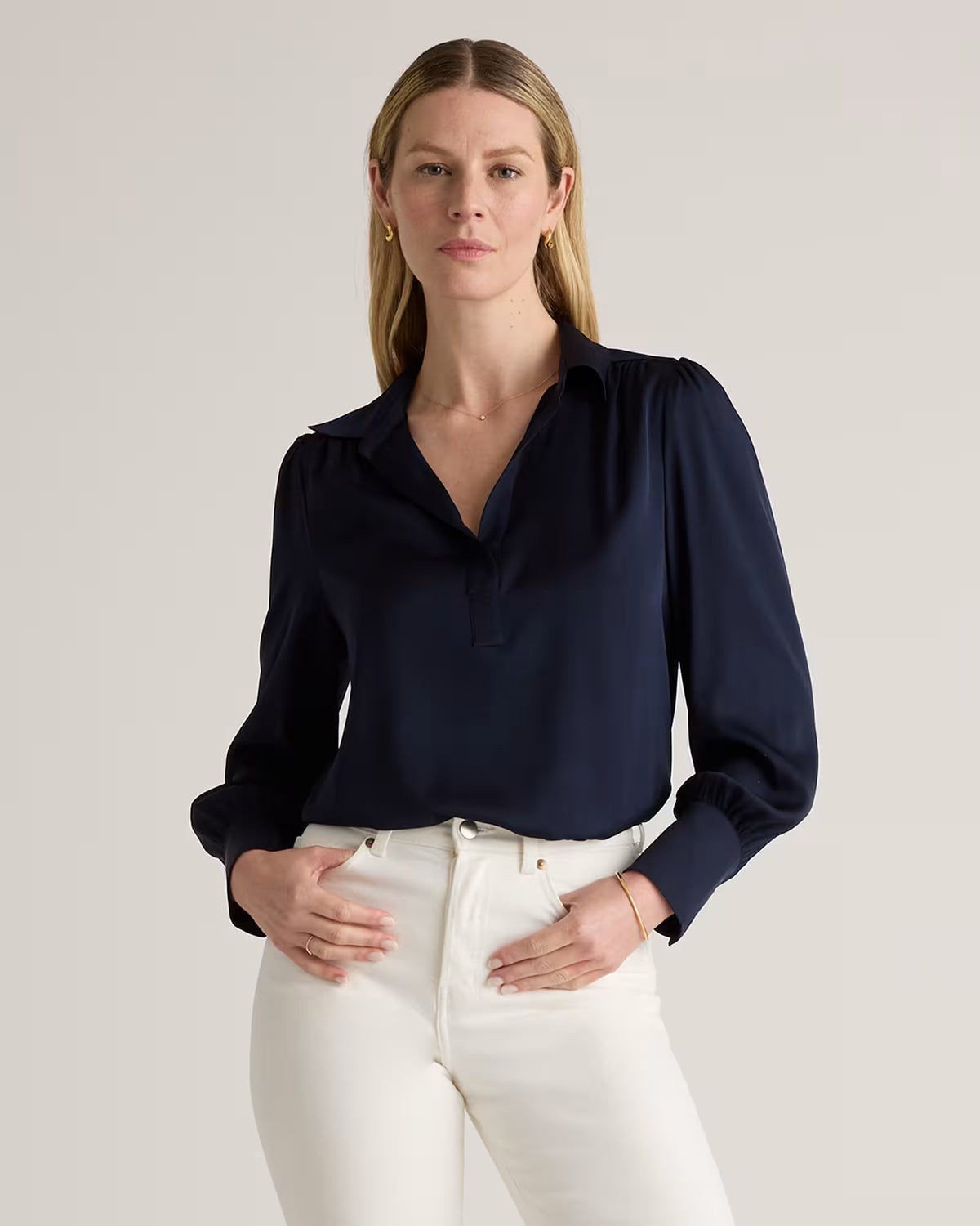 Washable Stretch Silk Split Neck Blouse - US 0335