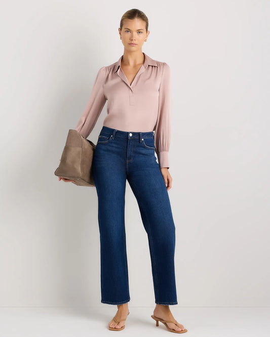 Washable Stretch Silk Split Neck Blouse - US 7895