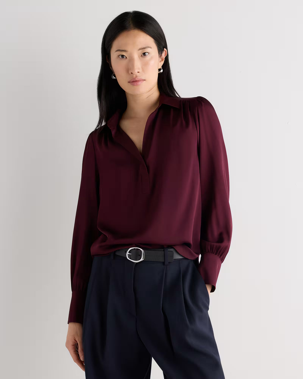 Washable Stretch Silk Split Neck Blouse - US 7047