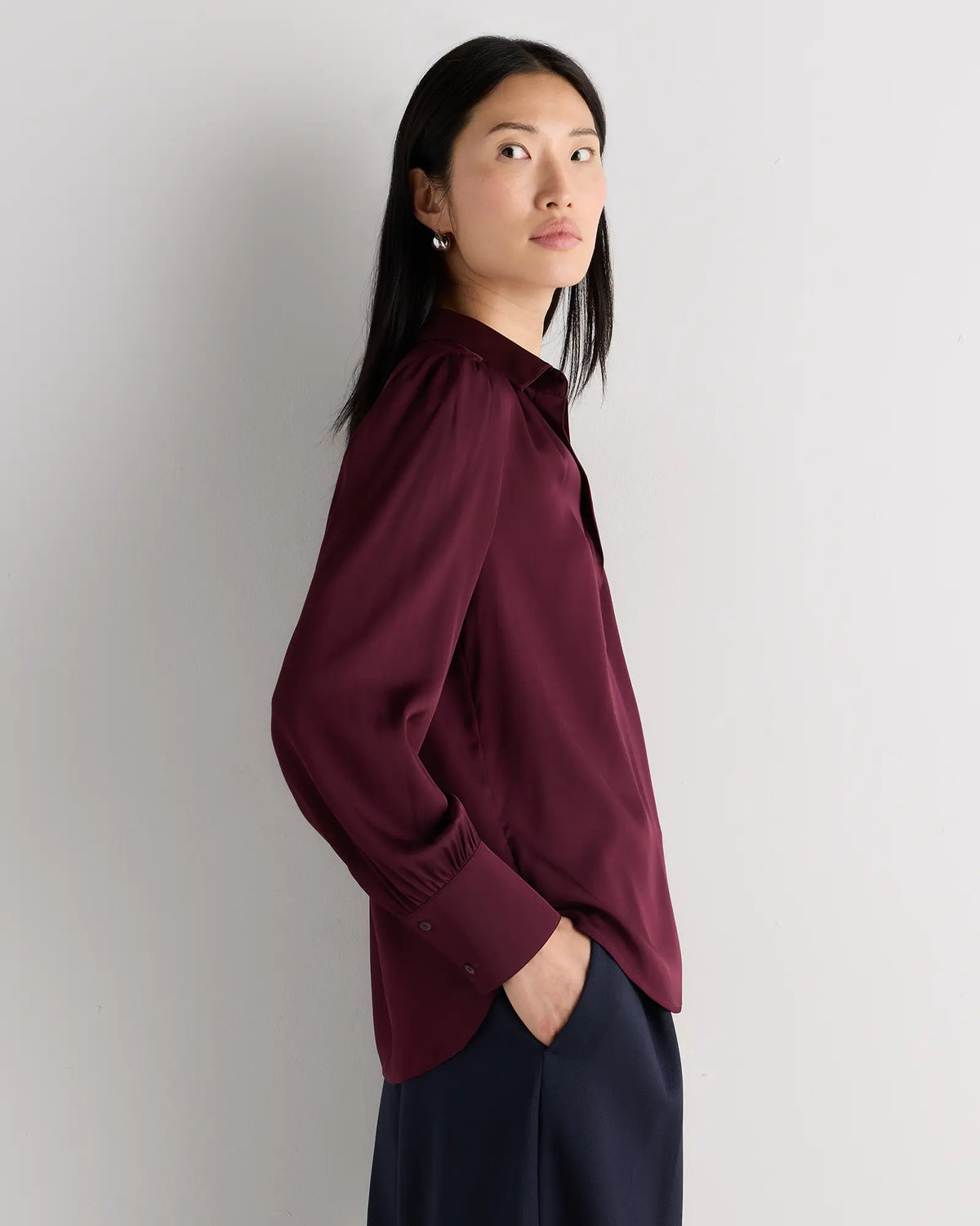 Washable Stretch Silk Split Neck Blouse - US 7047