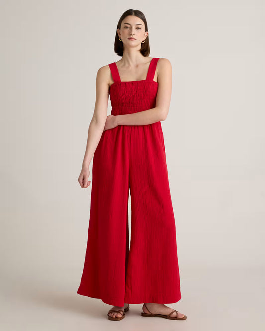 100% Organic Cotton Gauze Smocked Wide Leg Jumpsuit - US 7663