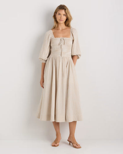 100% Organic Cotton Gauze Smocked Square Neck Midi Dress - US 7236