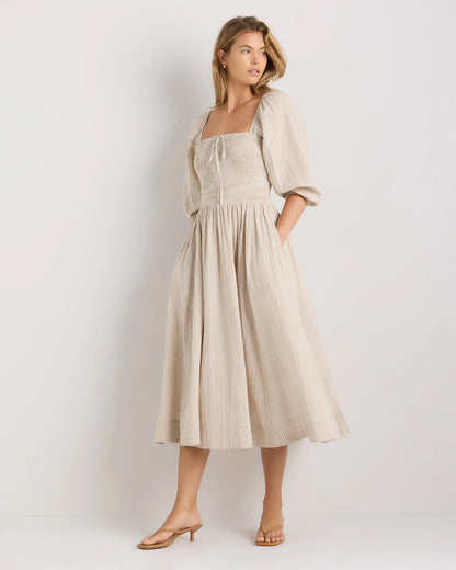 100% Organic Cotton Gauze Smocked Square Neck Midi Dress - US 7236