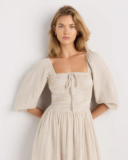 100% Organic Cotton Gauze Smocked Square Neck Midi Dress - US 7236
