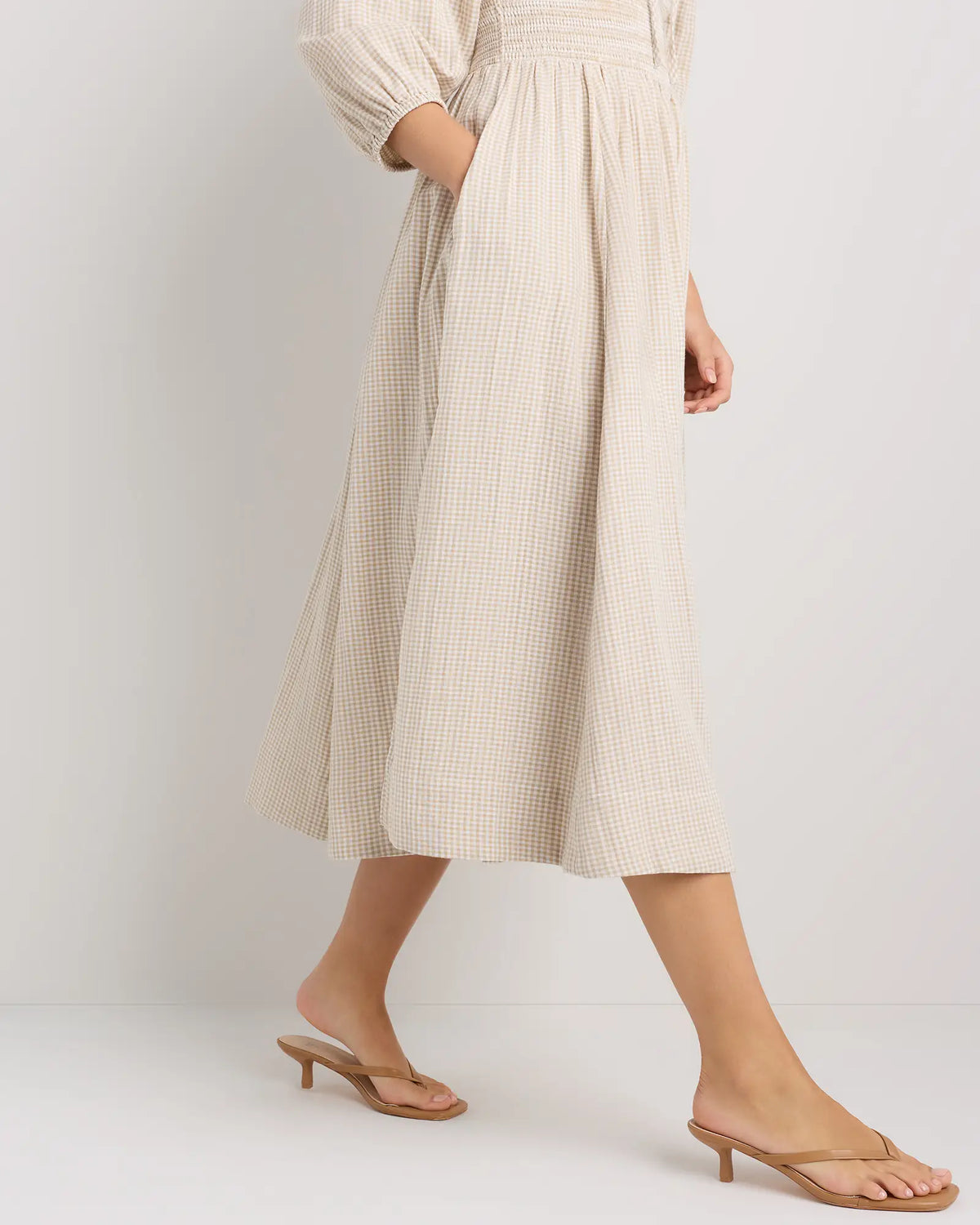 100% Organic Cotton Gauze Smocked Square Neck Midi Dress - US 7236