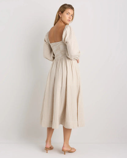 100% Organic Cotton Gauze Smocked Square Neck Midi Dress - US 7236