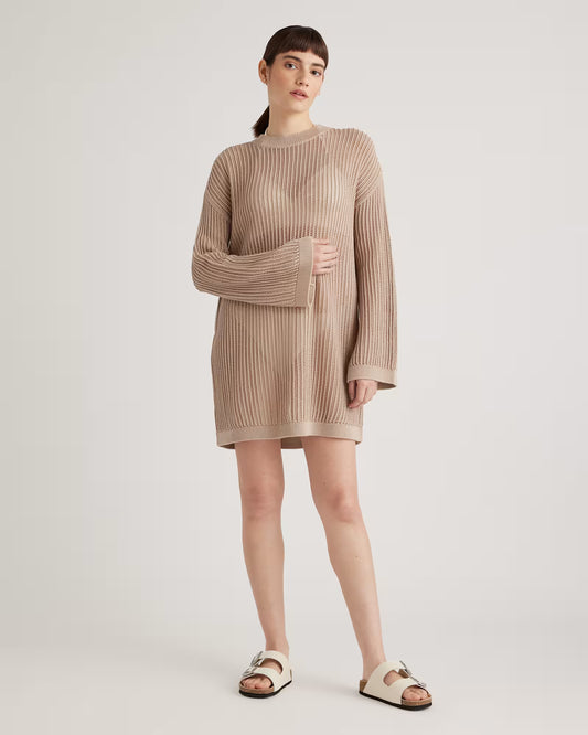 100% Organic Cotton Open-Knit Long Sleeve Cover-Up Mini Dress - US 7534