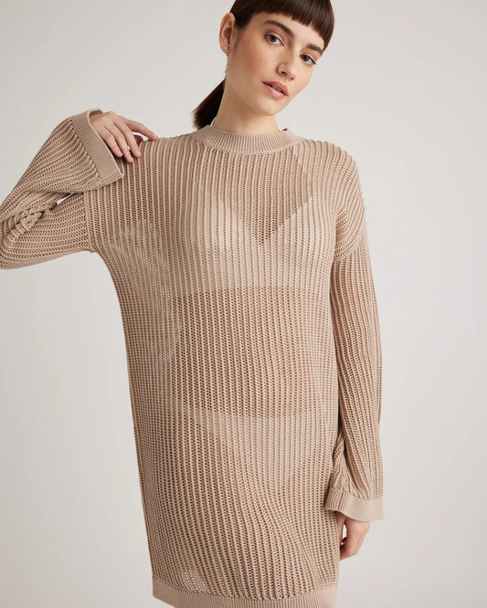 100% Organic Cotton Open-Knit Long Sleeve Cover-Up Mini Dress - US 7534