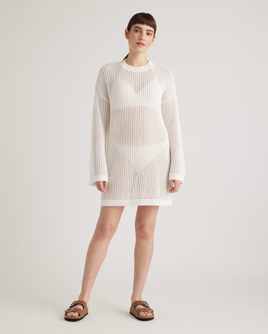 100% Organic Cotton Open-Knit Long Sleeve Cover-Up Mini Dress - US 5559