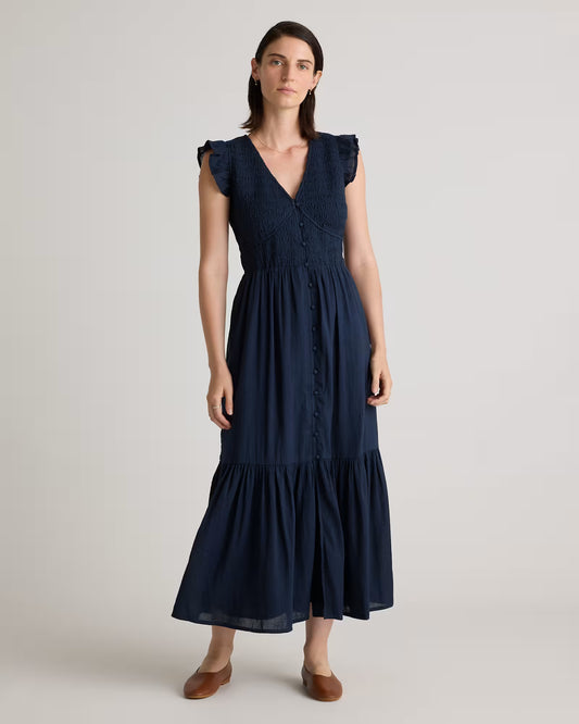Organic Textured Cotton Smocked V-Neck Midi Dress - US 1606