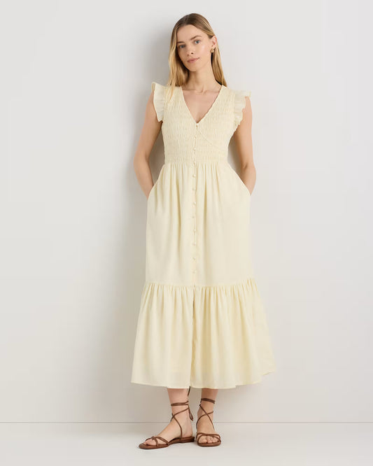 Organic Textured Cotton Smocked V-Neck Midi Dress - US 2644