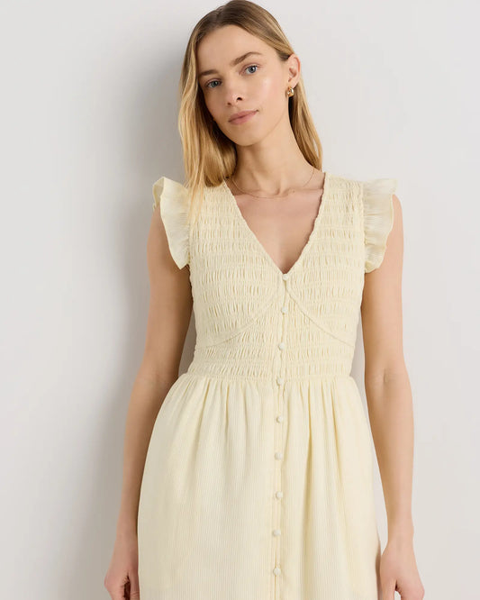 Organic Textured Cotton Smocked V-Neck Midi Dress - US 2644