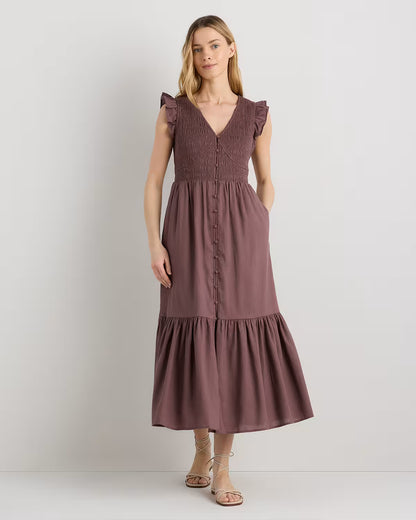 Organic Textured Cotton Smocked V-Neck Midi Dress - US 3371