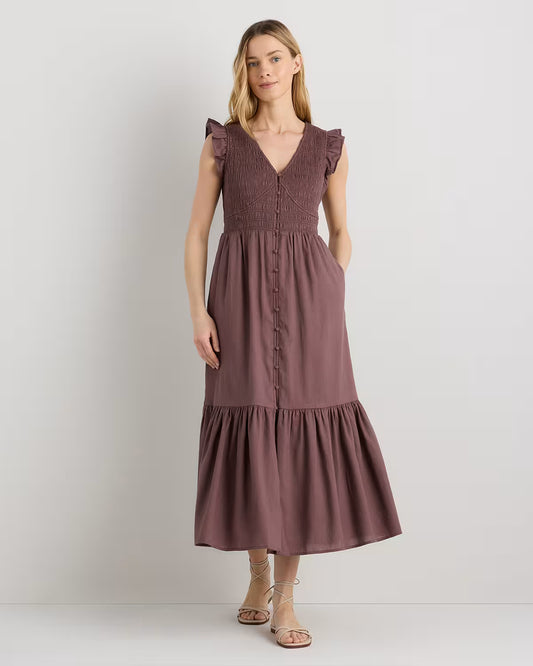 Organic Textured Cotton Smocked V-Neck Midi Dress - US 3371