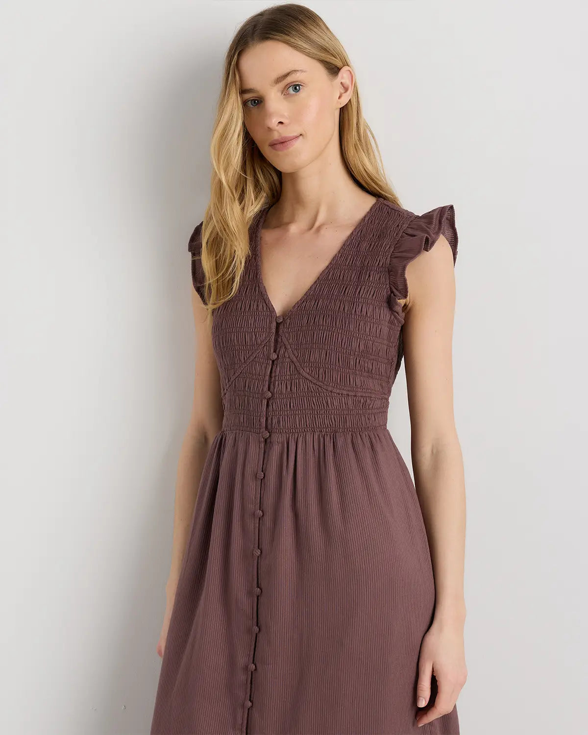 Organic Textured Cotton Smocked V-Neck Midi Dress - US 3371