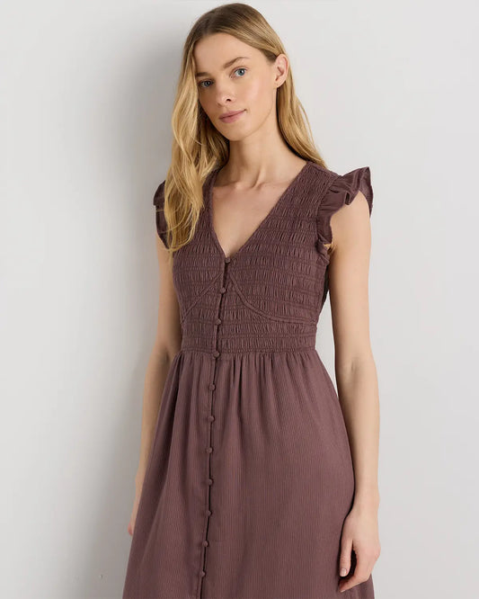 Organic Textured Cotton Smocked V-Neck Midi Dress - US 3371