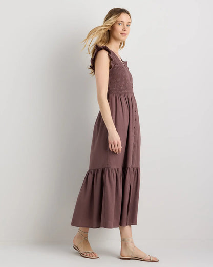 Organic Textured Cotton Smocked V-Neck Midi Dress - US 3371
