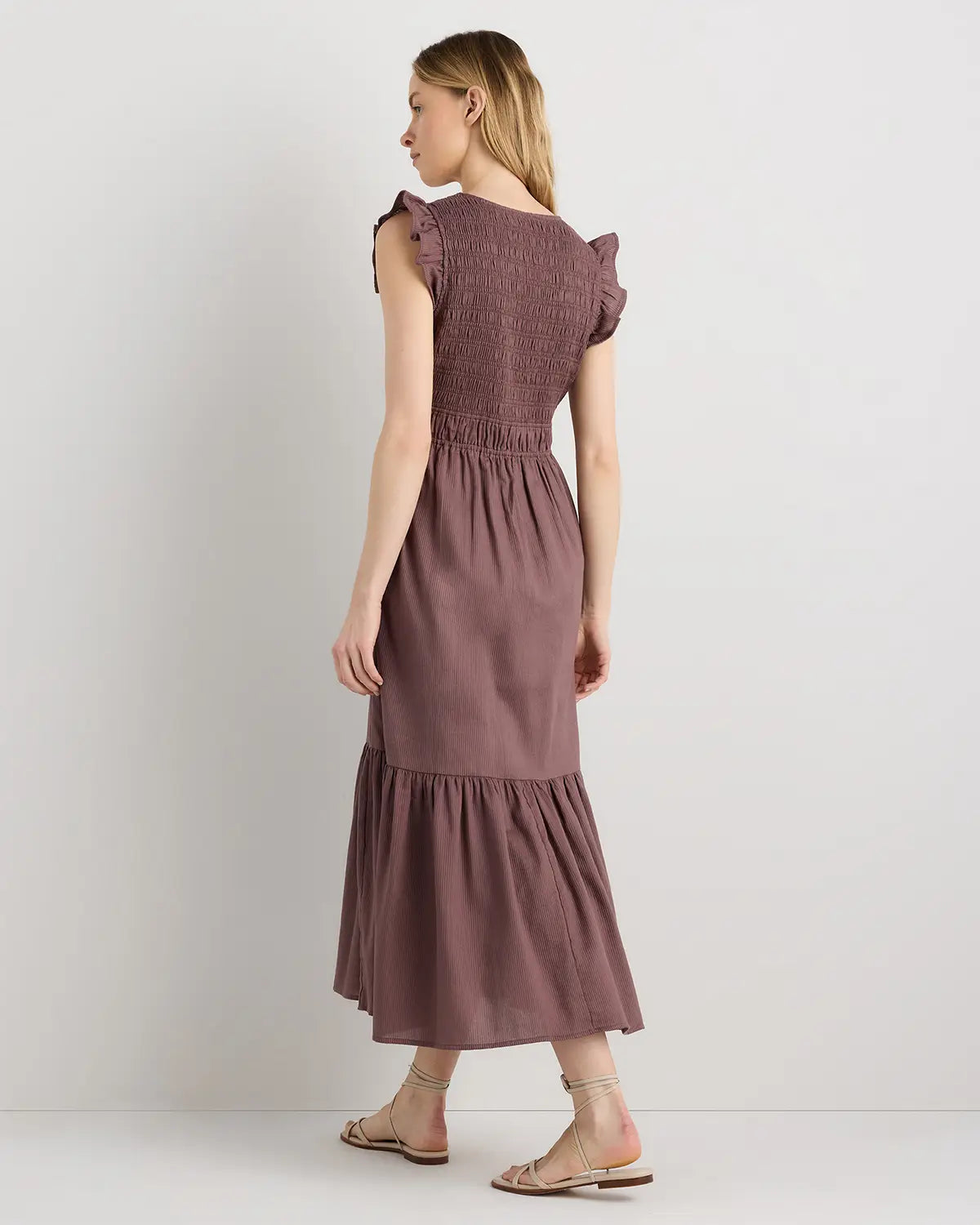 Organic Textured Cotton Smocked V-Neck Midi Dress - US 3371