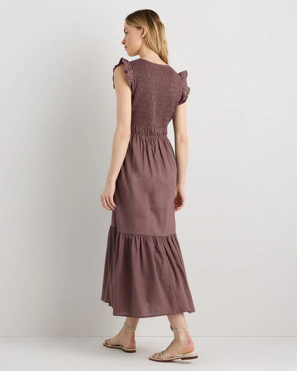 Organic Textured Cotton Smocked V-Neck Midi Dress - US 3371