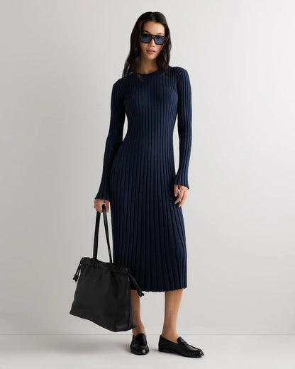 Cotton Cashmere Ribbed Long Sleeve Crew Midi Dress - US 1382