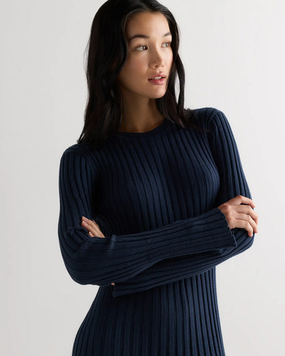 Cotton Cashmere Ribbed Long Sleeve Crew Midi Dress - US 1382