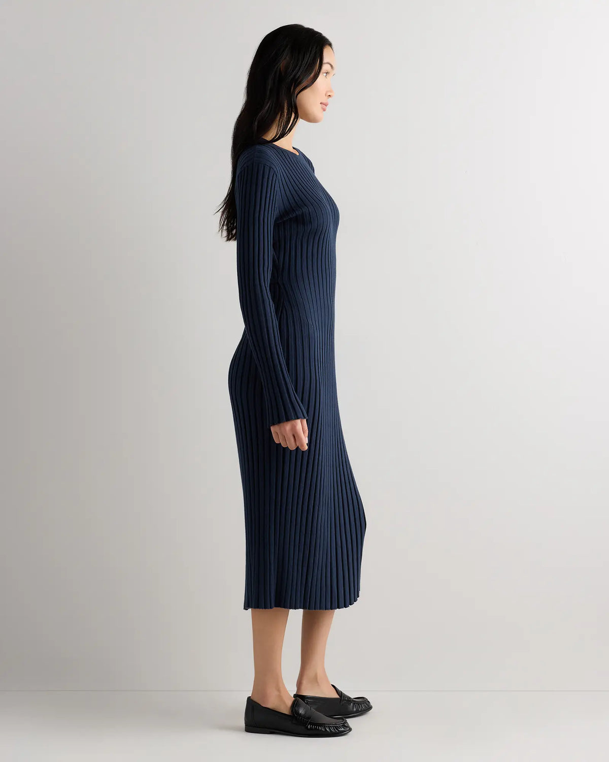 Cotton Cashmere Ribbed Long Sleeve Crew Midi Dress - US 1382
