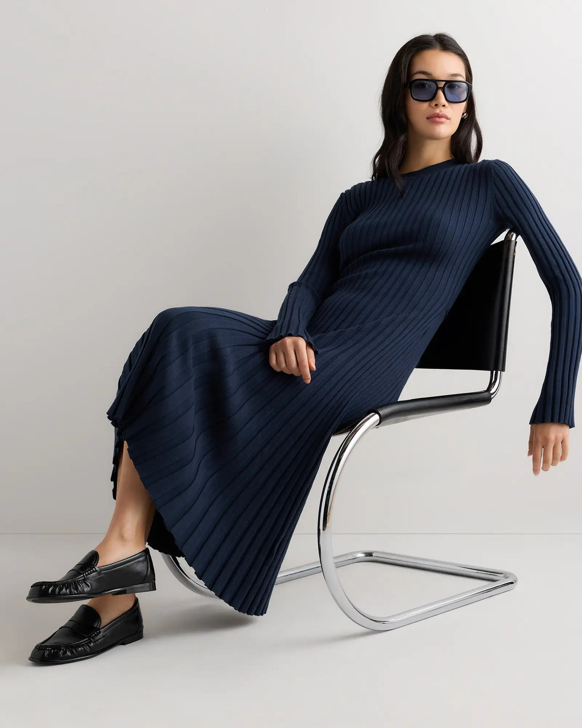 Cotton Cashmere Ribbed Long Sleeve Crew Midi Dress - US 1382