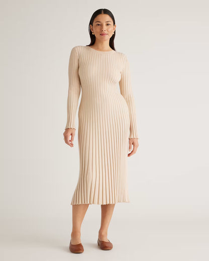 Cotton Cashmere Ribbed Long Sleeve Crew Midi Dress - US 1698