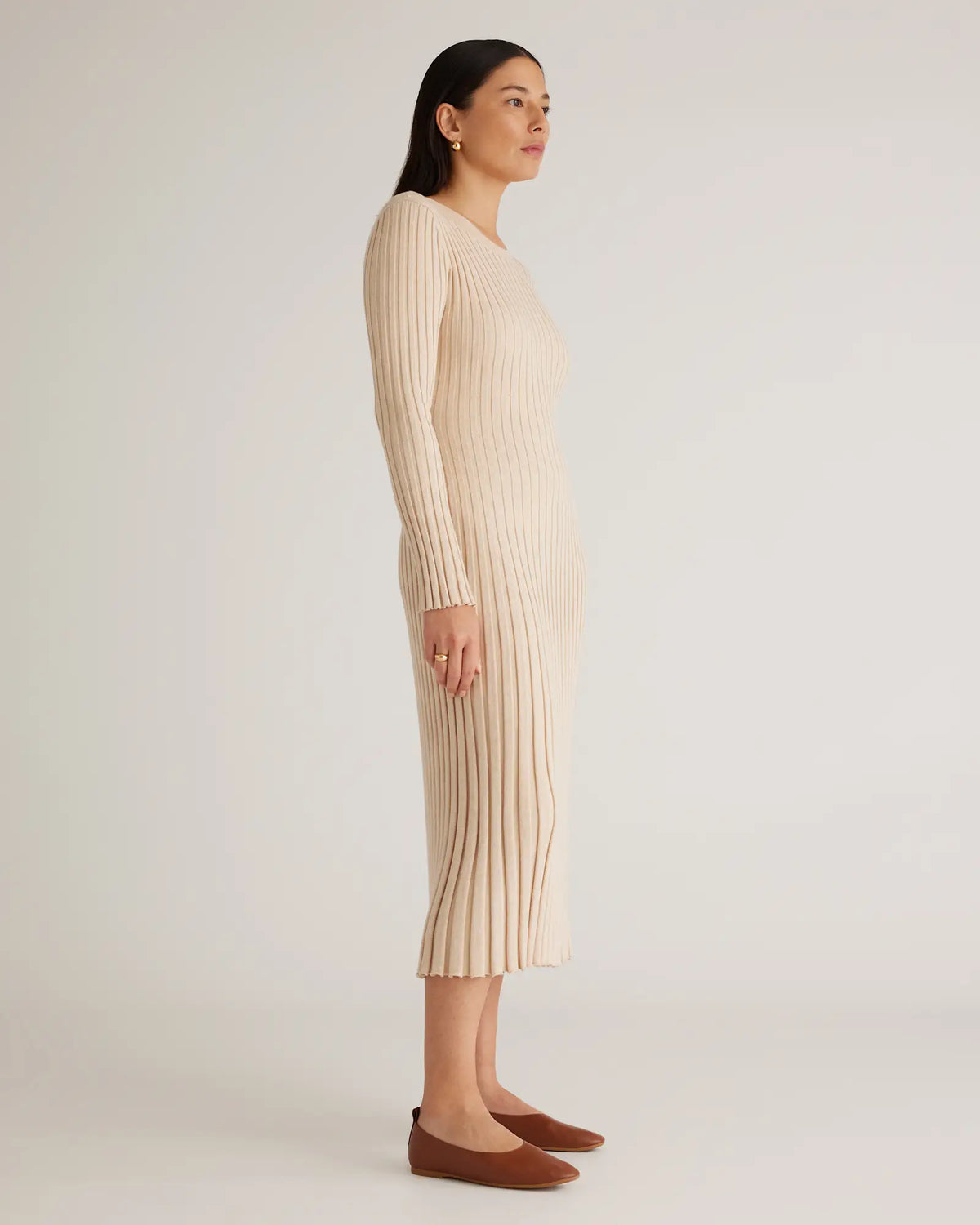 Cotton Cashmere Ribbed Long Sleeve Crew Midi Dress - US 1698
