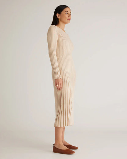 Cotton Cashmere Ribbed Long Sleeve Crew Midi Dress - US 1698