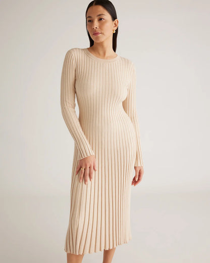 Cotton Cashmere Ribbed Long Sleeve Crew Midi Dress - US 1698